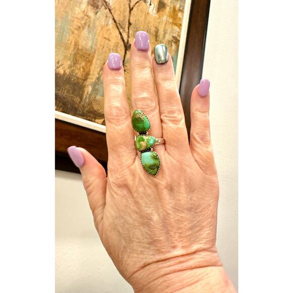 Sonoran Gold Turquoise Three Stone Ring Sterling Adjustable 5-10 - Picture 7 of 8